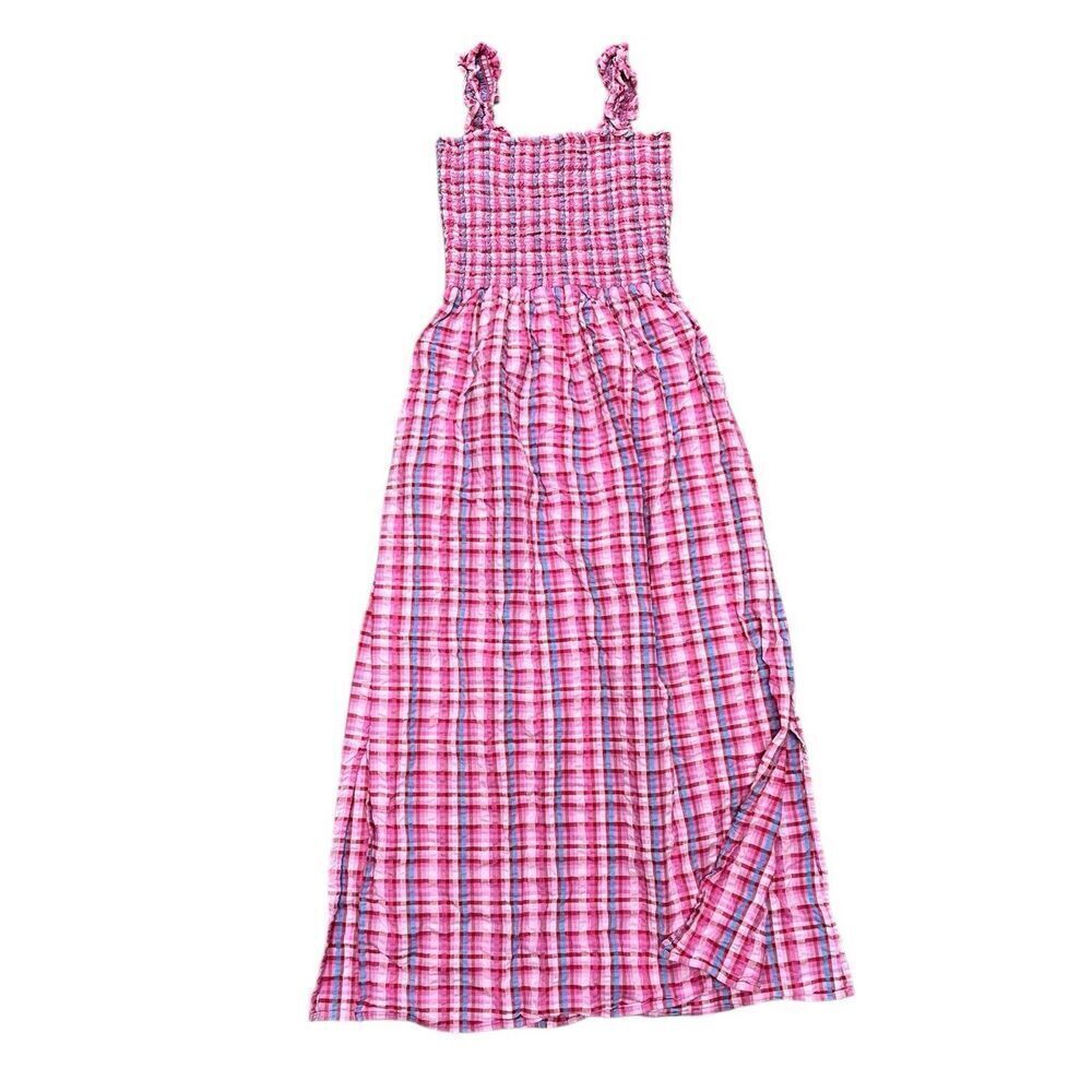 Waverly Grey Pink Plaid Seersucker Midi Smocked Cami Dress S - Picture 2 of 5